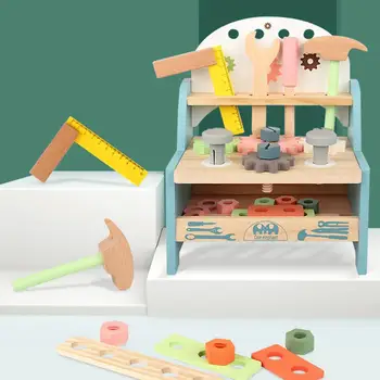 Набор от инструменти за детска дървена верстака с инструменти за ремонт, многоцветен мини-симулация, образователна играчка за децата, подарък за рожден ден