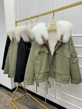 Нова дамски зимни палто от естествена лисьего кожа, дамски топло внос подплата от кожа заек Рекс, негабаритная градинска дрехи, дамски паркове