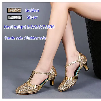 Нова модерна танцови обувки със златни пайети, дамски обувки за танго със затворени пръсти, обувки за валс на закрито/открито, токчета за танци 3.5/5.5/7.5 СМ
