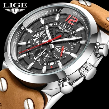 Нови модни часовници от хралупата циферблат, хронограф LIGE, луксозни мъжки часовници, водоустойчиви спортни часовници, мъжки часовници, кожени кварцов часовник