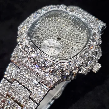 Нови мъжки часовник в стил хип-хоп, луксозни кварцов ръчен часовник Iced Out, модерен, напълно муассанитовые, водоустойчив, светещи мъжки часовници, топла разпродажба