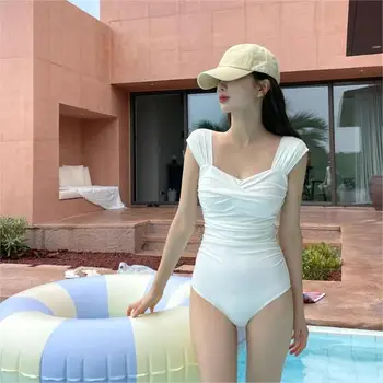 Новост 2023, дамски модни прости цельнокроеные бански костюми, обикновена корейски секси бански с малки гърди, хавлии за плаж, бански костюми за почивка в горещите пролетта