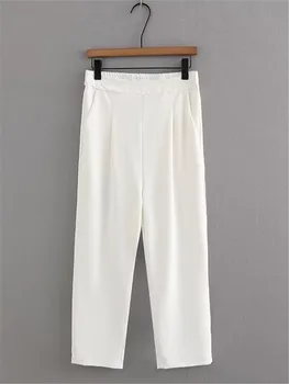 Панталони за дамски дрехи големи размери, еластична талия, обикновена нерастягивающиеся прилепнали панталони с джобове от двете страни, за пышногрудых дам