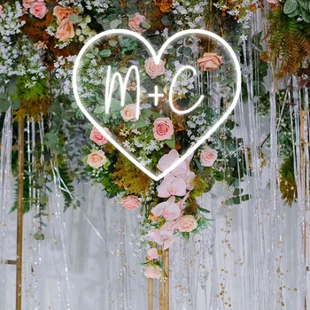 Потребителски инициали на Сърцето, неон сватбена табела, надпис неон сватба, неоновите светлини, персонални led кръг, неонова реклама от Неон Artist