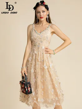 Предназначението на лятното модно рокля LD LINDA DELLA, дамски луксозни диаманти, апликации от пайеток, мрежест каишка за спагети презрамки, елегантна вечерна рокля