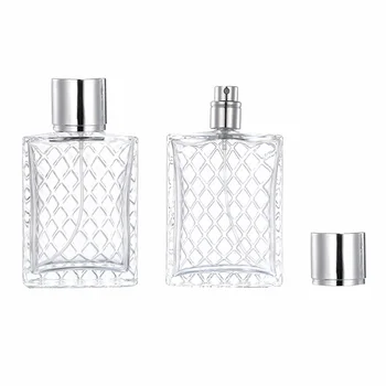 Прозрачен стъклен флакон за парфюм за еднократна употреба 50 мл със сребърен капак-спрей, е Квадратна козметични опаковки, флакони-опаковки Parfum 10шт