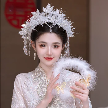 Пръчка за коса, сватбена прическа, бяла Безсмъртен Китайски дворец, Кристален перлена пискюл, Xiuhe, Древни сватбени аксесоари за коса, прическа