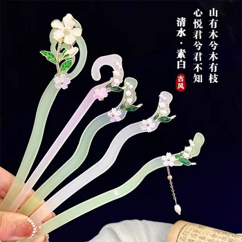 Ретро китайски стил, пръчка за коса Hanfu, дамски перлена пискюл, ацетатная разклона за коса, пръчици за хранене, родословни, женски накити за косата, аксесоар