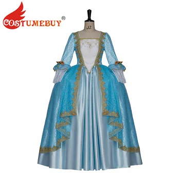 Рокля на кралския двор от 18-ти век, женствена рокля на Мария-Антоанета в стил рококо и барок, синя рокля за парти, бална рокля, средновековна рокля
