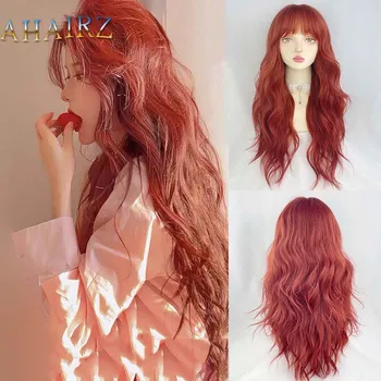 Синтетичен червен перука дълга вълна с бретон за жени, всекидневни cosplay, парти в стил Лолита, естествено къдрава режийни косата, термостойкое влакна