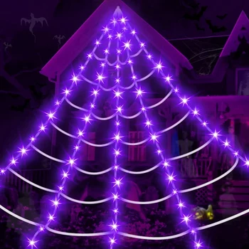 Украса за Хелоуин, улични лампи от паяжини, 16,4 фута 100 led паяжини с лилави светлини за вътрешно външно