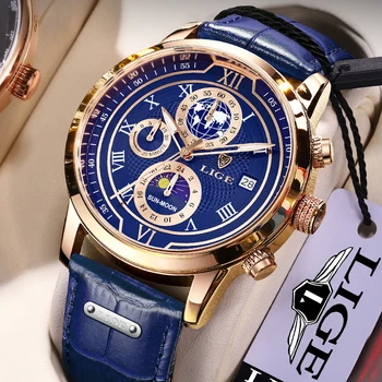 Часовници LIGE Blue, модерен бизнес мъжки часовници, ежедневни, спортни кожени водоустойчив кварцов часовник с хронограф за мъже, часовници с автоматично дата